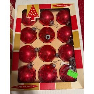 Vintage Coby Red Glass Christmas Ornaments 12 Count Original Box American Made